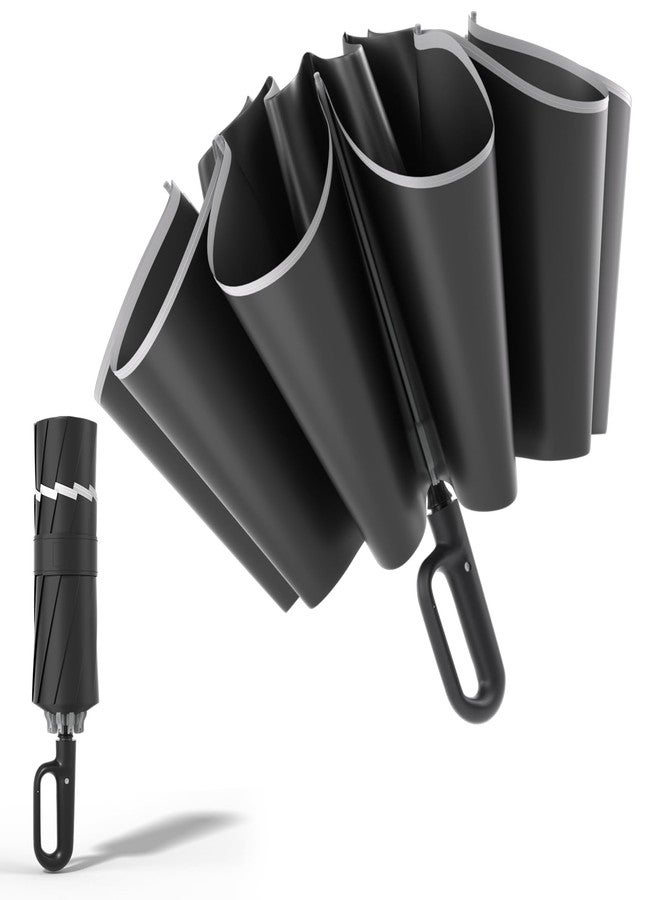 cuysfead Inverted Travel Umbrella with Carabiner Handle,Large Compact Umbrella for Rain and UV Protection,10 Ribs Windproof Reverse Umbrella with Reflective Strip,Auto Open Close for Women Men,Black - Image 1